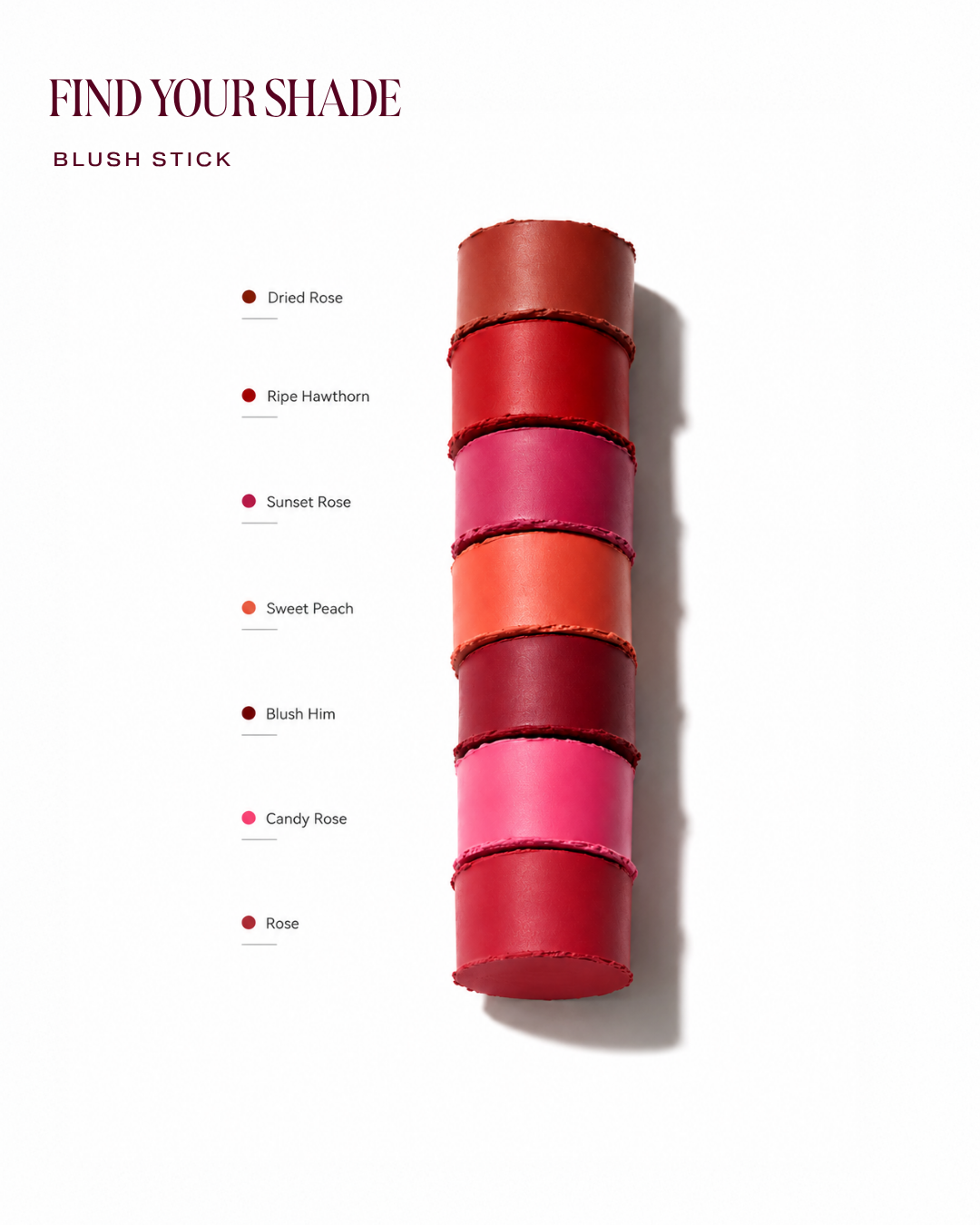 Find Your Shade - Blush Stick shade chart, Dried Rose to Rose
