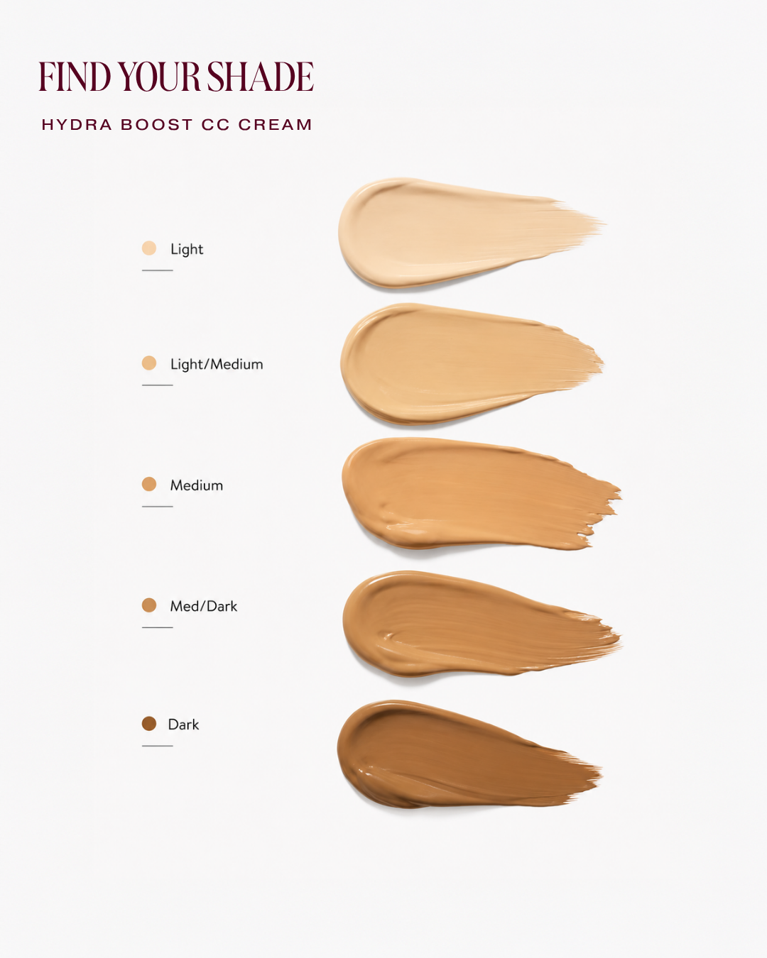 Find Your Shade - Hydra Boost CC Cream shade chart, Light to Dark