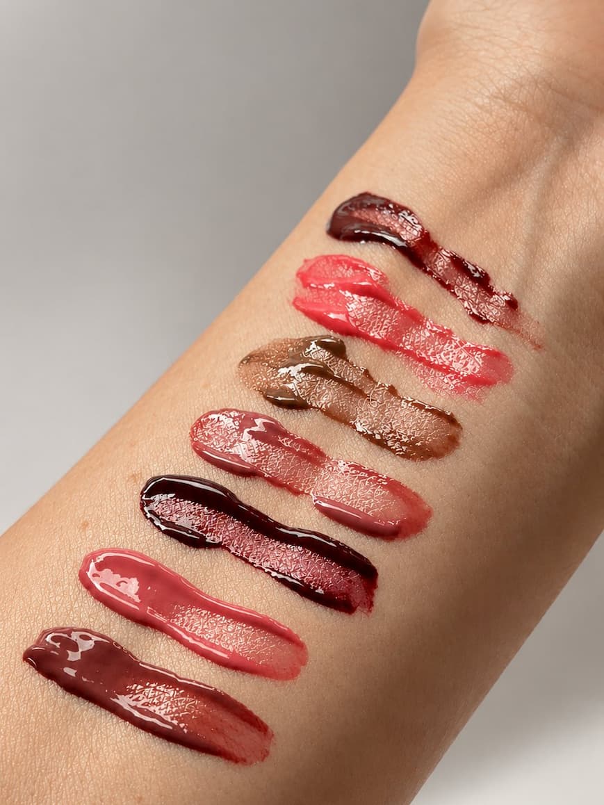 All seven Lip Grip shades swatched on an arm