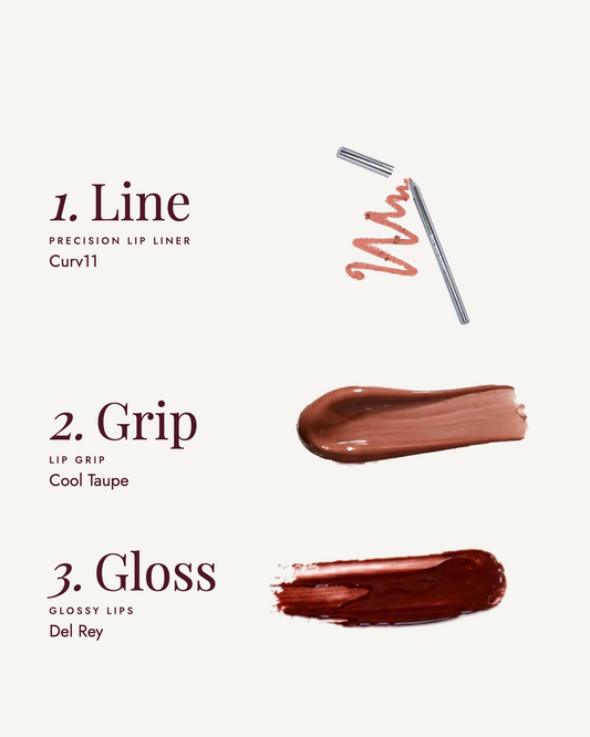 The Cool Taupe Lip Trio: 1. Line with Curv11, 2. Grip with Cool Taupe, 3. Gloss with Del Rey