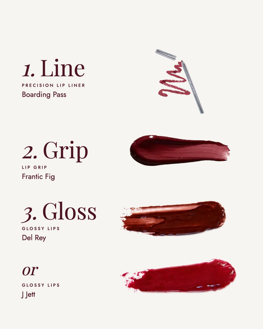 The Frantic Fig Lip Trio: 1. Line with Boarding Pass, 2. Grip with Frantic Fig, 3. Gloss with Del Rey or J Jett