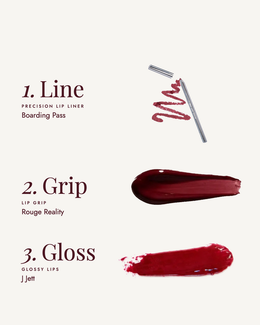 The Rouge Reality Lip Trio: 1. Line with Boarding Pass, 2. Grip with Rouge Reality, 3. Gloss with J Jett
