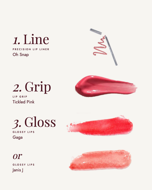 The Tickled Pink Lip Trio: 1. Line with Oh Snap, 2. Grip with Tickled Pink, 3. Gloss with Gaga or Janis J