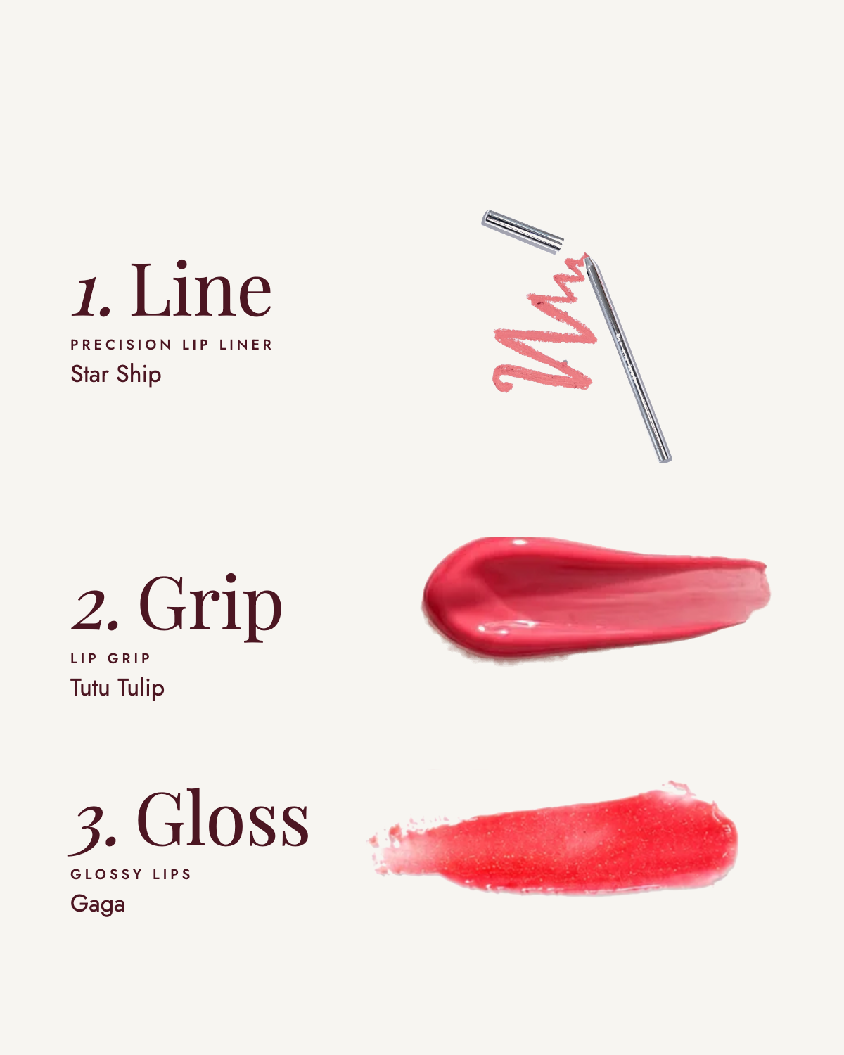The Tutu Tulip Lip Trio: 1. Line with Star Ship, 2. Grip with Tutu Tulip, 3. Gloss with Gaga
